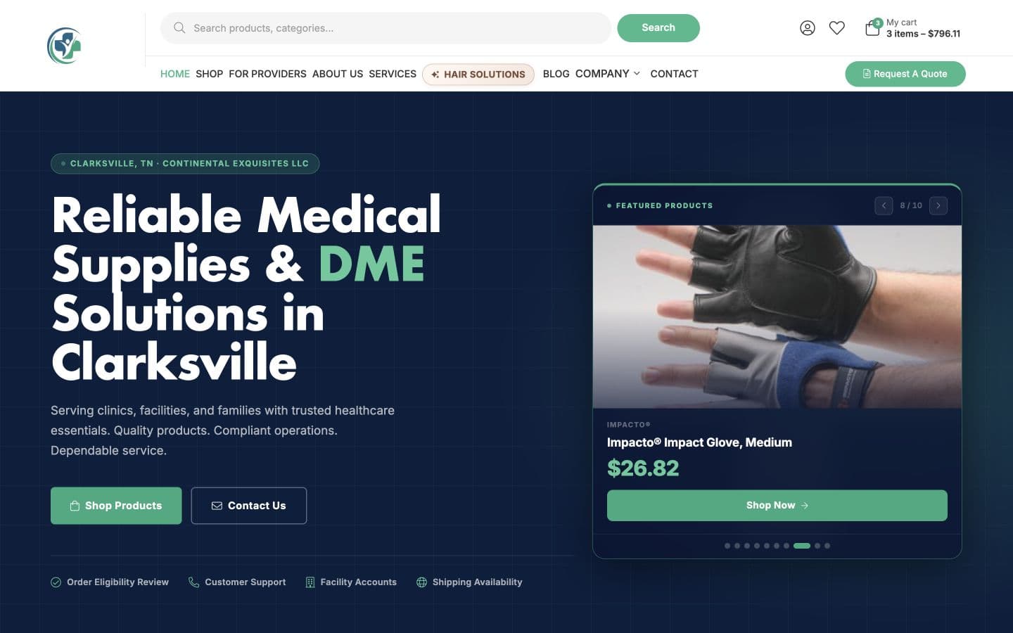 Continental Medical homepage showing medical supplies and DME products