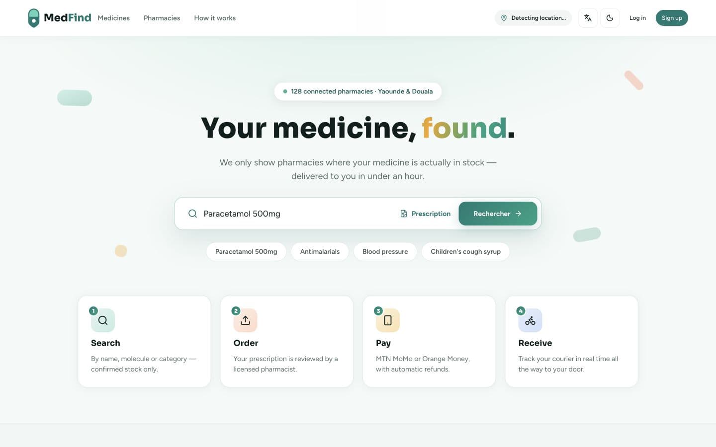 MedFind homepage with medicine search and pharmacy delivery workflow