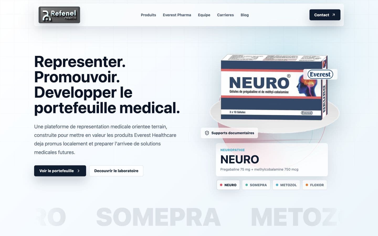 Refenel Pharma homepage presenting its medical product portfolio