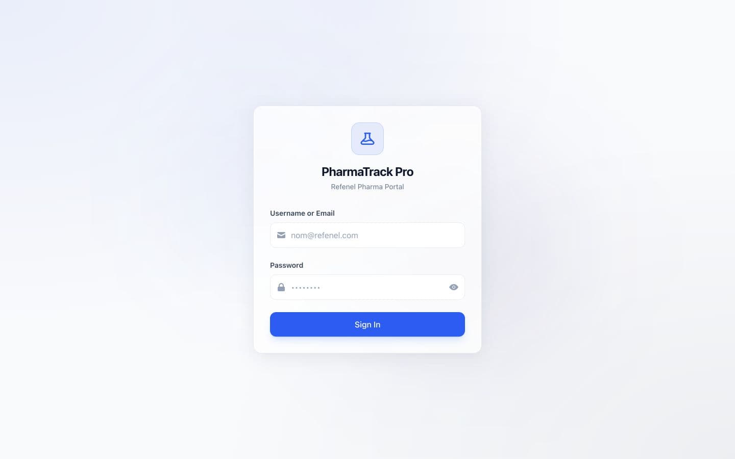 PharmaTrack Pro secure sign-in screen for Refenel Pharma