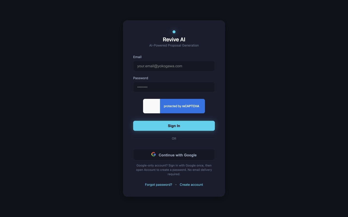 Revive AI proposal generation platform sign-in screen
